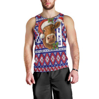 Cow in Santa Hat Be Kind Message Men Tank Top with Red Blue Knit Pattern Design - Wonder Print Shop