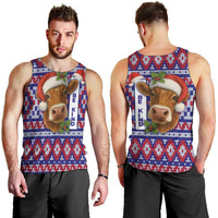 Cow in Santa Hat Be Kind Message Men Tank Top with Red Blue Knit Pattern Design - Wonder Print Shop
