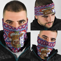 Cow in Santa Hat Be Kind Message Neck Gaiter with Red Blue Knit Pattern Design - Wonder Print Shop