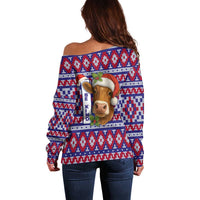 Cow in Santa Hat Be Kind Message Off Shoulder Sweater with Red Blue Knit Pattern Design - Wonder Print Shop