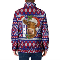 Cow in Santa Hat Be Kind Message Padded Jacket with Red Blue Knit Pattern Design - Wonder Print Shop