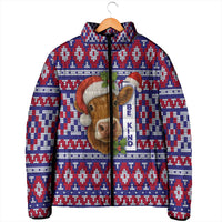 Cow in Santa Hat Be Kind Message Padded Jacket with Red Blue Knit Pattern Design - Wonder Print Shop