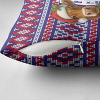 Cow in Santa Hat Be Kind Message Pillow Cover with Red Blue Knit Pattern Design - Wonder Print Shop