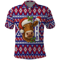 Cow in Santa Hat Be Kind Message Polo Shirt with Red Blue Knit Pattern Design - Wonder Print Shop