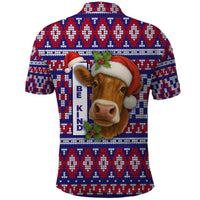 Cow in Santa Hat Be Kind Message Polo Shirt with Red Blue Knit Pattern Design - Wonder Print Shop