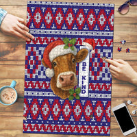 Cow in Santa Hat Be Kind Message Puzzle with Red Blue Knit Pattern Design - Wonder Print Shop