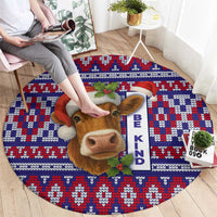 Cow in Santa Hat Be Kind Message Round Carpet with Red Blue Knit Pattern Design - Wonder Print Shop