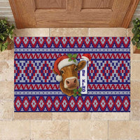 Cow in Santa Hat Be Kind Message Rubber Doormat with Red Blue Knit Pattern Design - Wonder Print Shop