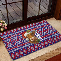 Cow in Santa Hat Be Kind Message Rubber Doormat with Red Blue Knit Pattern Design - Wonder Print Shop