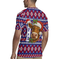 Cow in Santa Hat Be Kind Message Rugby Jersey with Red Blue Knit Pattern Design - Wonder Print Shop