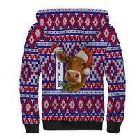 Cow in Santa Hat Be Kind Message Sherpa Hoodie with Red Blue Knit Pattern Design - Wonder Print Shop
