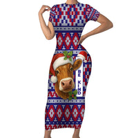 Cow in Santa Hat Be Kind Message Short Sleeve Bodycon Dress with Red Blue Knit Pattern Design - Wonder Print Shop