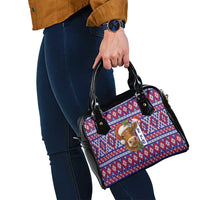 Cow in Santa Hat Be Kind Message Shoulder Handbag with Red Blue Knit Pattern Design - Wonder Print Shop
