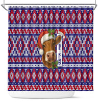 Cow in Santa Hat Be Kind Message Shower Curtain with Red Blue Knit Pattern Design - Wonder Print Shop