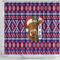 Cow in Santa Hat Be Kind Message Shower Curtain with Red Blue Knit Pattern Design - Wonder Print Shop