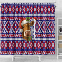 Cow in Santa Hat Be Kind Message Shower Curtain with Red Blue Knit Pattern Design - Wonder Print Shop