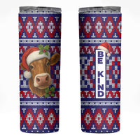 Cow in Santa Hat Be Kind Message Skinny Tumbler with Red Blue Knit Pattern Design - Wonder Print Shop