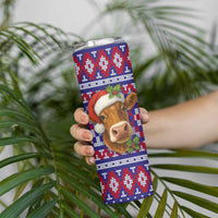 Cow in Santa Hat Be Kind Message Skinny Tumbler with Red Blue Knit Pattern Design - Wonder Print Shop