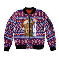 Cow in Santa Hat Be Kind Message Sleeve Zip Bomber Jacket with Red Blue Knit Pattern Design - Wonder Print Shop