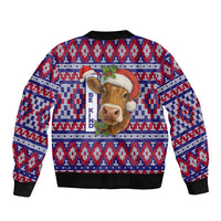 Cow in Santa Hat Be Kind Message Sleeve Zip Bomber Jacket with Red Blue Knit Pattern Design - Wonder Print Shop