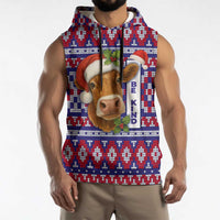 Cow in Santa Hat Be Kind Message Sleeveless Hoodie with Red Blue Knit Pattern Design - Wonder Print Shop
