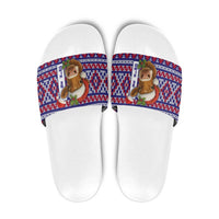 Cow in Santa Hat Be Kind Message Slide Sandals with Red Blue Knit Pattern Design - Wonder Print Shop