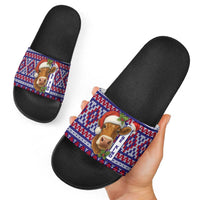 Cow in Santa Hat Be Kind Message Slide Sandals with Red Blue Knit Pattern Design - Wonder Print Shop