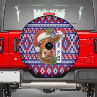 Cow in Santa Hat Be Kind Message Spare Tire Cover with Red Blue Knit Pattern Design - Wonder Print Shop