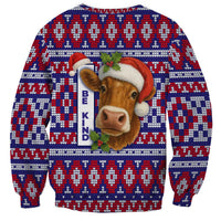 Cow in Santa Hat Be Kind Message Sweatshirt with Red Blue Knit Pattern Design - Wonder Print Shop