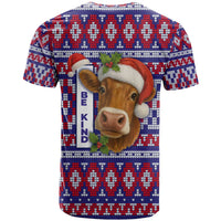 Cow in Santa Hat Be Kind Message T Shirt with Red Blue Knit Pattern Design - Wonder Print Shop