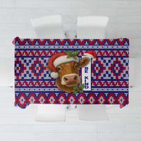 Cow in Santa Hat Be Kind Message Tablecloth with Red Blue Knit Pattern Design - Wonder Print Shop