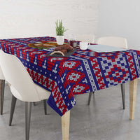 Cow in Santa Hat Be Kind Message Tablecloth with Red Blue Knit Pattern Design - Wonder Print Shop