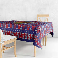 Cow in Santa Hat Be Kind Message Tablecloth with Red Blue Knit Pattern Design - Wonder Print Shop