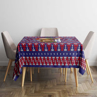 Cow in Santa Hat Be Kind Message Tablecloth with Red Blue Knit Pattern Design - Wonder Print Shop