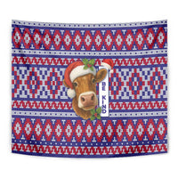 Cow in Santa Hat Be Kind Message Tapestry with Red Blue Knit Pattern Design - Wonder Print Shop