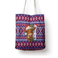 Cow in Santa Hat Be Kind Message Tote Bag with Red Blue Knit Pattern Design - Wonder Print Shop