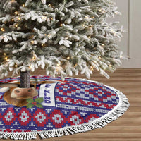 Cow in Santa Hat Be Kind Message Tree Skirt with Red Blue Knit Pattern Design - Wonder Print Shop