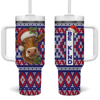Cow in Santa Hat Be Kind Message Tumbler With Handle with Red Blue Knit Pattern Design - Wonder Print Shop