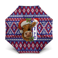 Cow in Santa Hat Be Kind Message Umbrella with Red Blue Knit Pattern Design - Wonder Print Shop