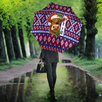 Cow in Santa Hat Be Kind Message Umbrella with Red Blue Knit Pattern Design - Wonder Print Shop