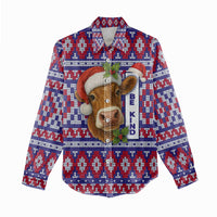 Cow in Santa Hat Be Kind Message Women Casual Shirt with Red Blue Knit Pattern Design - Wonder Print Shop