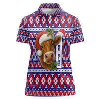Cow in Santa Hat Be Kind Message Women Polo Shirt with Red Blue Knit Pattern Design - Wonder Print Shop