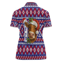 Cow in Santa Hat Be Kind Message Women Polo Shirt with Red Blue Knit Pattern Design - Wonder Print Shop