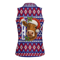 Cow in Santa Hat Be Kind Message Women Sleeveless Polo Shirt with Red Blue Knit Pattern Design - Wonder Print Shop