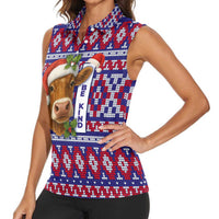 Cow in Santa Hat Be Kind Message Women Sleeveless Polo Shirt with Red Blue Knit Pattern Design - Wonder Print Shop