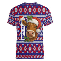 Cow in Santa Hat Be Kind Message Women V-Neck T-Shirt with Red Blue Knit Pattern Design - Wonder Print Shop