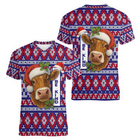 Cow in Santa Hat Be Kind Message Women V-Neck T-Shirt with Red Blue Knit Pattern Design - Wonder Print Shop