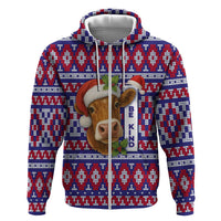 Cow in Santa Hat Be Kind Message Zip Hoodie with Red Blue Knit Pattern Design - Wonder Print Shop