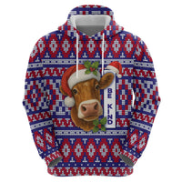 Cow in Santa Hat Be Kind Message Zip Hoodie with Red Blue Knit Pattern Design - Wonder Print Shop