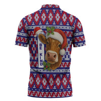 Cow in Santa Hat Be Kind Message Zipper Polo Shirt with Red Blue Knit Pattern Design - Wonder Print Shop